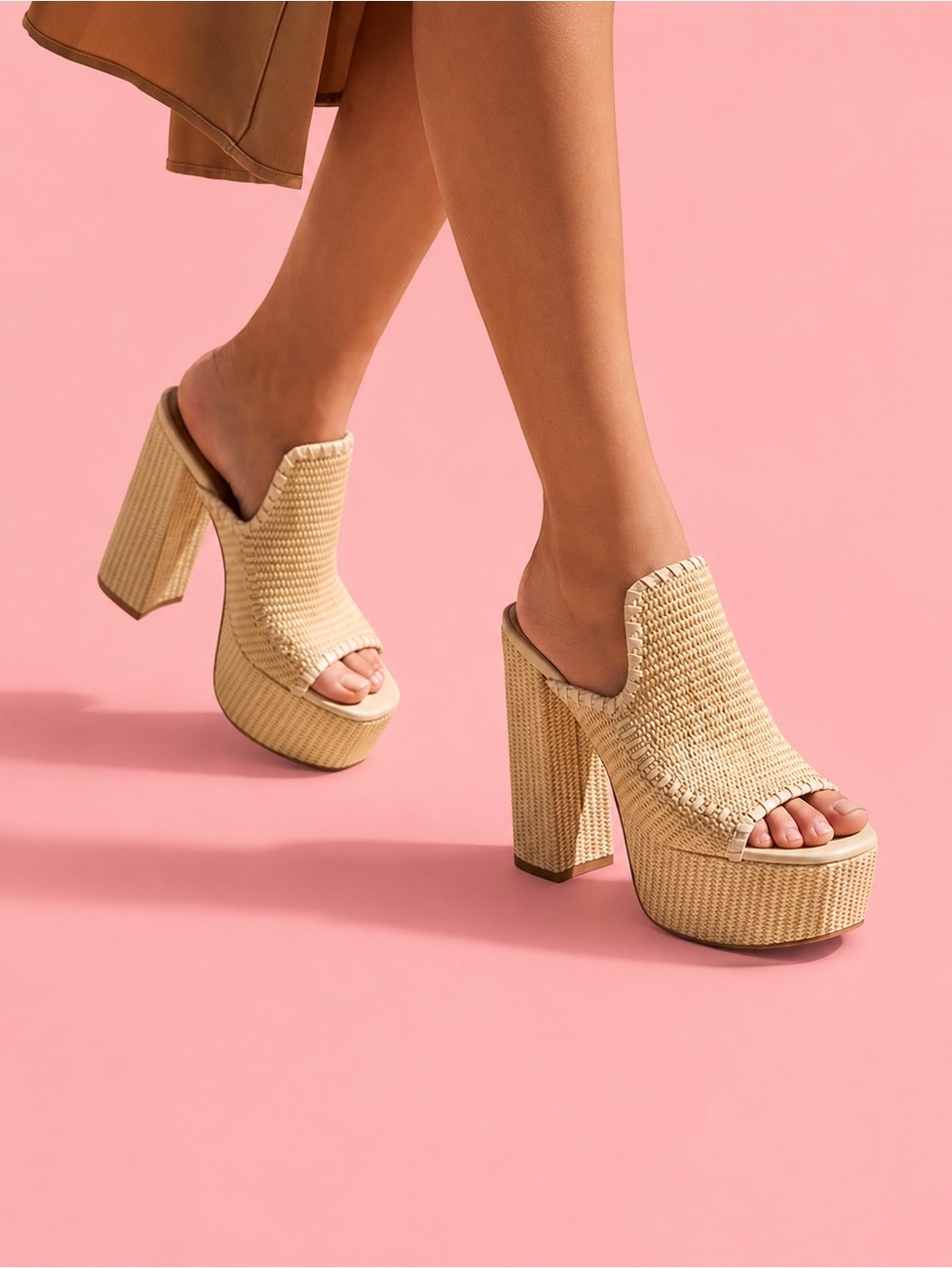 Beige Woven Peep Toe Platform Block high heels sandals size 9